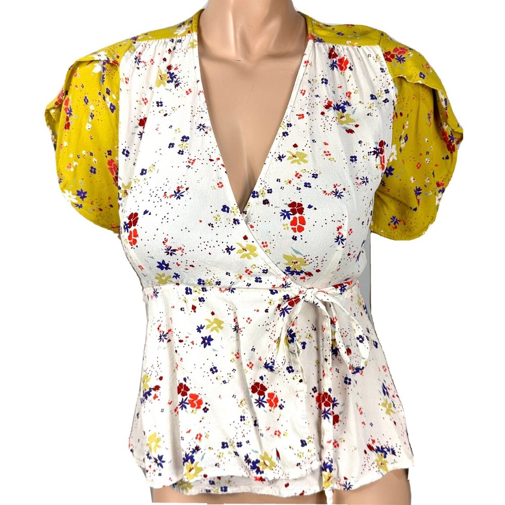 Meadow Rue Anthropologie Bon Voyage Floral Wrap Blouse Top Shirt US Size 6